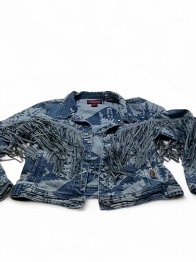 Rock & Roll Denim Aztec Western Fringe Denim Jacket Sz Large Festival Country